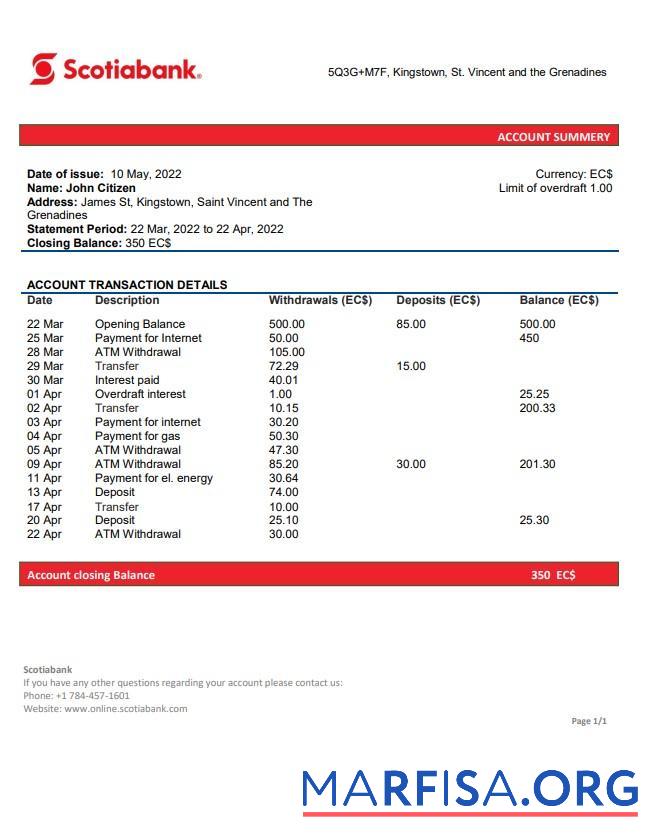 Realistic Saint Vincent and The Grenadines Scotiabank bank statement word template